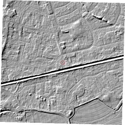 Shaded relief map of the ground around HU128PG, computed from Environment Agency LiDAR. The ground here sits at about 3 m above sea level and falls 5 m across the surrounding 800 m. Surface water reaching this point runs off ground lying to the south-east, 0.8 m higher.