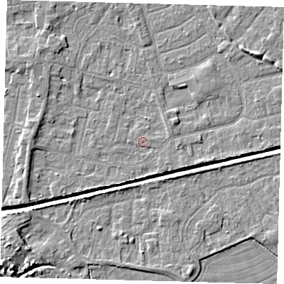 Shaded relief map of the ground around HU128PL, computed from Environment Agency LiDAR. The ground here sits at about 3 m above sea level and falls 6 m across the surrounding 800 m. Surface water reaching this point runs off ground lying to the east-north-east, 0.9 m higher.