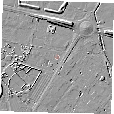 Shaded relief map of the ground around HU128PP, computed from Environment Agency LiDAR. The ground here sits at about 2 m above sea level and falls 11 m across the surrounding 800 m. Surface water reaching this point runs off ground lying to the west-south-west, 4.8 m higher.