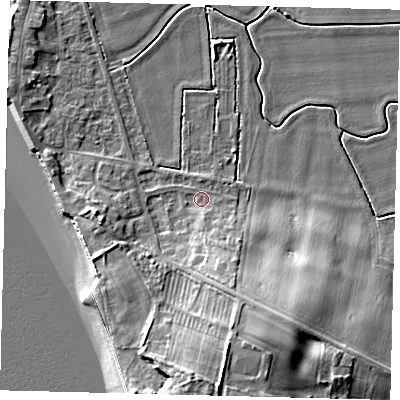 Shaded relief map of the ground around HU128PS, computed from Environment Agency LiDAR. The ground here sits at about 3 m above sea level and falls 16 m across the surrounding 800 m. Surface water reaching this point runs off ground lying to the south-south-east, 6.7 m higher.