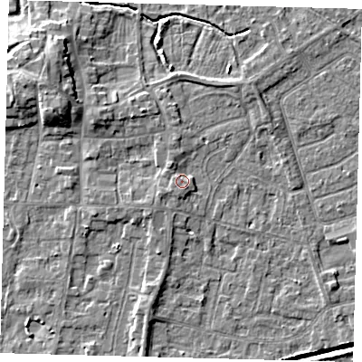Shaded relief map of the ground around HU128PW, computed from Environment Agency LiDAR. The ground here sits at about 4 m above sea level and falls 8 m across the surrounding 800 m. Surface water reaching this point runs off ground lying to the south-west, 1.9 m higher.