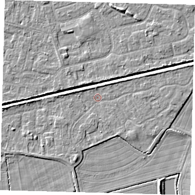 Shaded relief map of the ground around HU128PY, computed from Environment Agency LiDAR. The ground here sits at about 3 m above sea level and falls 6 m across the surrounding 800 m. Surface water reaching this point runs off ground lying to the east-north-east, 2.0 m higher.