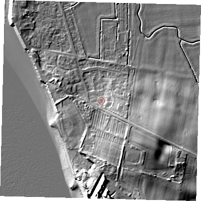 Shaded relief map of the ground around HU128QF, computed from Environment Agency LiDAR. The ground here sits at about 5 m above sea level and falls 21 m across the surrounding 800 m. Surface water reaching this point runs off ground lying to the south-south-east, 9.0 m higher.
