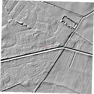 Shaded relief map of the ground around HU128QG, computed from Environment Agency LiDAR. The ground here sits at about 2 m above sea level and falls 5 m across the surrounding 800 m. Surface water reaching this point runs off ground lying to the west-south-west, 2.4 m higher.