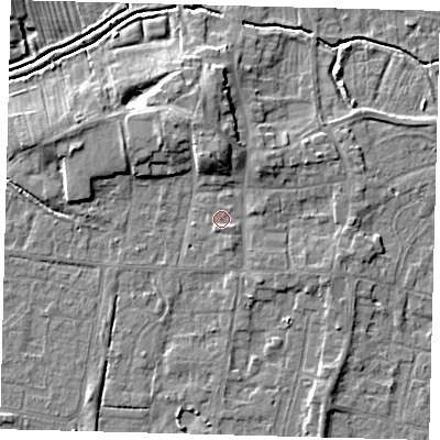Shaded relief map of the ground around HU128QP, computed from Environment Agency LiDAR. The ground here sits at about 4 m above sea level and falls 7 m across the surrounding 800 m. The ground contributing surface water to this point lies to the north-east.
