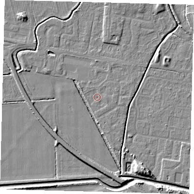 Shaded relief map of the ground around HU128QQ, computed from Environment Agency LiDAR. The ground here sits at about 3 m above sea level and falls 7 m across the surrounding 800 m. Surface water reaching this point runs off ground lying to the east, 0.8 m higher.