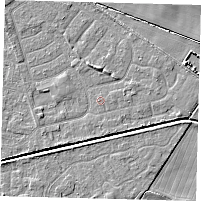 Shaded relief map of the ground around HU128QS, computed from Environment Agency LiDAR. The ground here sits at about 3 m above sea level and falls 5 m across the surrounding 800 m. The ground contributing surface water to this point lies to the west-south-west.