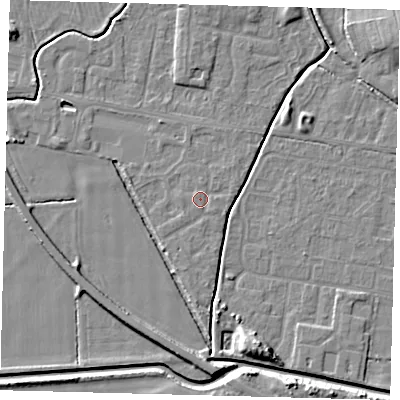 Shaded relief map of the ground around HU128QT, computed from Environment Agency LiDAR. The ground here sits at about 3 m above sea level and falls 7 m across the surrounding 800 m. Surface water reaching this point runs off ground lying to the south, 0.7 m higher.