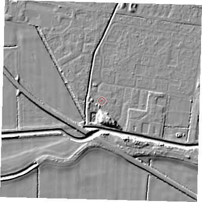 Shaded relief map of the ground around HU128QZ, computed from Environment Agency LiDAR. The ground here sits at about 3 m above sea level and falls 7 m across the surrounding 800 m. Surface water reaching this point runs off ground lying to the south, 6.2 m higher.