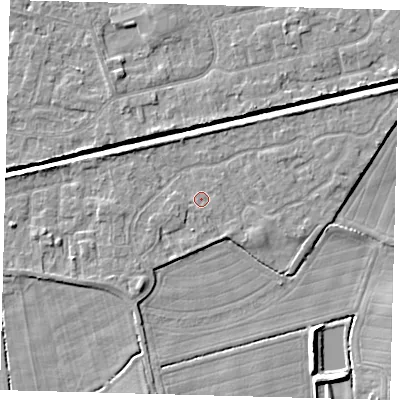 Shaded relief map of the ground around HU128RB, computed from Environment Agency LiDAR. The ground here sits at about 3 m above sea level and falls 6 m across the surrounding 800 m. Surface water reaching this point runs off ground lying to the north-east, 1.8 m higher.