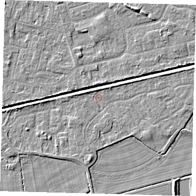 Shaded relief map of the ground around HU128RE, computed from Environment Agency LiDAR. The ground here sits at about 3 m above sea level and falls 6 m across the surrounding 800 m. Surface water reaching this point runs off ground lying to the west-north-west, 1.7 m higher.