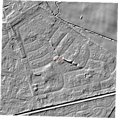 Shaded relief map of the ground around HU128RF, computed from Environment Agency LiDAR. The ground here sits at about 3 m above sea level and falls 4 m across the surrounding 800 m. Surface water reaching this point runs off ground lying to the east-south-east, 2.8 m higher.