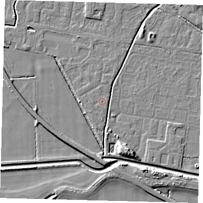 Shaded relief map of the ground around HU128RP, computed from Environment Agency LiDAR. The ground here sits at about 3 m above sea level and falls 7 m across the surrounding 800 m. Surface water reaching this point runs off ground lying to the east-south-east, 0.5 m higher.