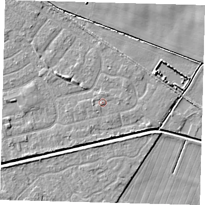 Shaded relief map of the ground around HU128RQ, computed from Environment Agency LiDAR. The ground here sits at about 3 m above sea level and falls 5 m across the surrounding 800 m. Surface water reaching this point runs off ground lying to the north, 0.8 m higher.