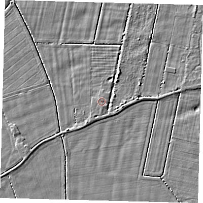Shaded relief map of the ground around HU128RW, computed from Environment Agency LiDAR. The ground here sits at about 2 m above sea level and falls 3 m across the surrounding 800 m. The ground contributing surface water to this point lies to the south-south-east.