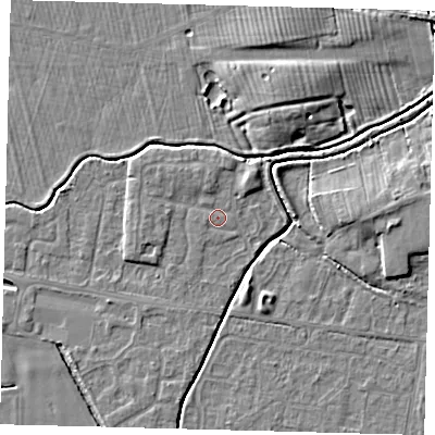 Shaded relief map of the ground around HU128XL, computed from Environment Agency LiDAR. The ground here sits at about 3 m above sea level and falls 6 m across the surrounding 800 m. Surface water reaching this point runs off ground lying to the north-east, 2.0 m higher.