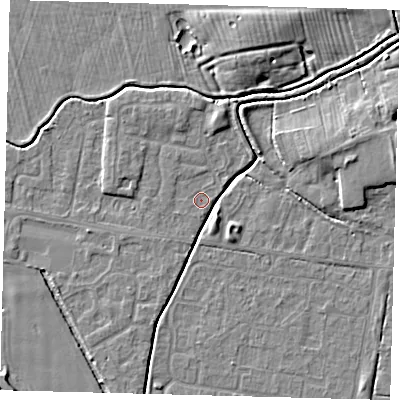Shaded relief map of the ground around HU128XU, computed from Environment Agency LiDAR. The ground here sits at about 2 m above sea level and falls 6 m across the surrounding 800 m. Surface water reaching this point runs off ground lying to the north-north-west, 0.9 m higher.
