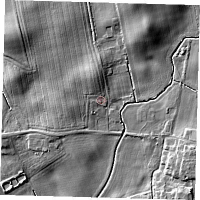 Shaded relief map of the ground around HU129AA, computed from Environment Agency LiDAR. The ground here sits at about 5 m above sea level and falls 9 m across the surrounding 800 m. Surface water reaching this point runs off ground lying to the north-north-west, 2.8 m higher.