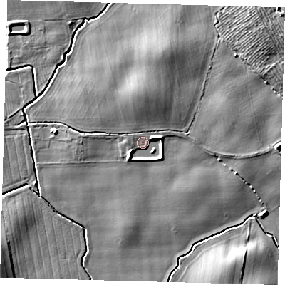 Shaded relief map of the ground around HU129AE, computed from Environment Agency LiDAR. The ground here sits at about 7 m above sea level and falls 8 m across the surrounding 800 m. Surface water reaching this point runs off ground lying to the east-north-east, 3.2 m higher.