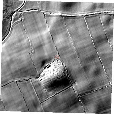 Shaded relief map of the ground around HU129AG, computed from Environment Agency LiDAR. The ground here sits at about 12 m above sea level and falls 10 m across the surrounding 800 m. Surface water reaching this point runs off ground lying to the south-south-east, 3.0 m higher.