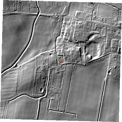 Shaded relief map of the ground around HU129BG, computed from Environment Agency LiDAR. The ground here sits at about 6 m above sea level and falls 9 m across the surrounding 800 m. Surface water reaching this point runs off ground lying to the east-north-east, 2.6 m higher.