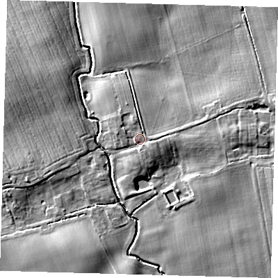 Shaded relief map of the ground around HU129BN, computed from Environment Agency LiDAR. The ground here sits at about 8 m above sea level and falls 8 m across the surrounding 800 m. Surface water reaching this point runs off ground lying to the east, 2.2 m higher.