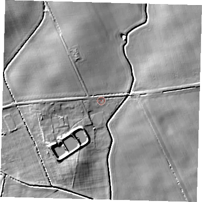 Shaded relief map of the ground around HU129BX, computed from Environment Agency LiDAR. The ground here sits at about 4 m above sea level and falls 8 m across the surrounding 800 m. Surface water reaching this point runs off ground lying to the north-west, 3.9 m higher.
