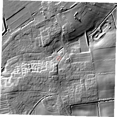 Shaded relief map of the ground around HU129DY, computed from Environment Agency LiDAR. The ground here sits at about 4 m above sea level and falls 10 m across the surrounding 800 m. Surface water reaching this point runs off ground lying to the south-south-west, 4.4 m higher.