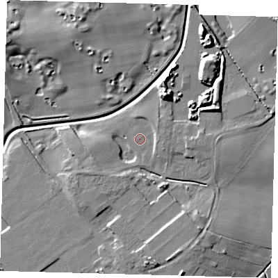 Shaded relief map of the ground around HU129DZ, computed from Environment Agency LiDAR. The ground here sits at about 4 m above sea level and falls 12 m across the surrounding 800 m. Surface water reaching this point runs off ground lying to the south, 5.8 m higher.