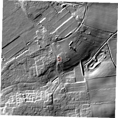 Shaded relief map of the ground around HU129EA, computed from Environment Agency LiDAR. The ground here sits at about 7 m above sea level and falls 10 m across the surrounding 800 m. Surface water reaching this point runs off ground lying to the north-north-west, 2.3 m higher.