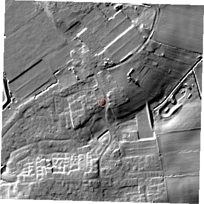 Shaded relief map of the ground around HU129EB, computed from Environment Agency LiDAR. The ground here sits at about 7 m above sea level and falls 10 m across the surrounding 800 m. Surface water reaching this point runs off ground lying to the north-east, 2.9 m higher.