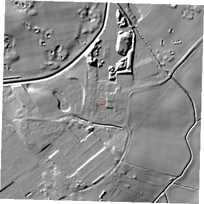 Shaded relief map of the ground around HU129EF, computed from Environment Agency LiDAR. The ground here sits at about 5 m above sea level and falls 12 m across the surrounding 800 m. Surface water reaching this point runs off ground lying to the west-north-west, 1.3 m higher.