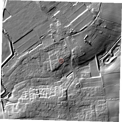 Shaded relief map of the ground around HU129ER, computed from Environment Agency LiDAR. The ground here sits at about 6 m above sea level and falls 10 m across the surrounding 800 m. Surface water reaching this point runs off ground lying to the north-north-east, 1.6 m higher.