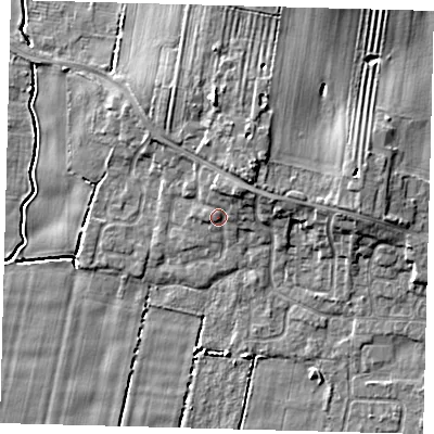 Shaded relief map of the ground around HU129GB, computed from Environment Agency LiDAR. The ground here sits at about 4 m above sea level and falls 8 m across the surrounding 800 m. Surface water reaching this point runs off ground lying to the north-north-east, 3.2 m higher.