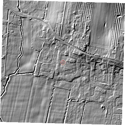 Shaded relief map of the ground around HU129GD, computed from Environment Agency LiDAR. The ground here sits at about 3 m above sea level and falls 8 m across the surrounding 800 m. Surface water reaching this point runs off ground lying to the east-north-east, 3.5 m higher.