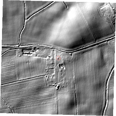 Shaded relief map of the ground around HU129HA, computed from Environment Agency LiDAR. The ground here sits at about 8 m above sea level and falls 14 m across the surrounding 800 m. Surface water reaching this point runs off ground lying to the east-south-east, 2.0 m higher.
