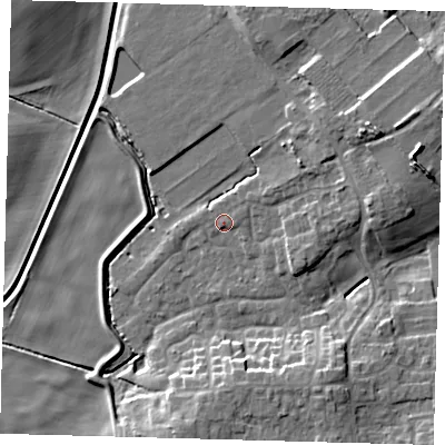 Shaded relief map of the ground around HU129HP, computed from Environment Agency LiDAR. The ground here sits at about 4 m above sea level and falls 10 m across the surrounding 800 m. Surface water reaching this point runs off ground lying to the south, 8.4 m higher.