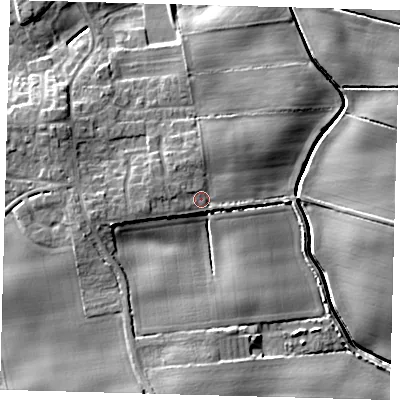 Shaded relief map of the ground around HU129HS, computed from Environment Agency LiDAR. The ground here sits at about 6 m above sea level and falls 10 m across the surrounding 800 m. Surface water reaching this point runs off ground lying to the north-west, 2.4 m higher.