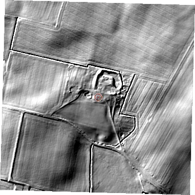 Shaded relief map of the ground around HU129HT, computed from Environment Agency LiDAR. The ground here sits at about 8 m above sea level and falls 11 m across the surrounding 800 m. Surface water reaching this point runs off ground lying to the west, 3.1 m higher.
