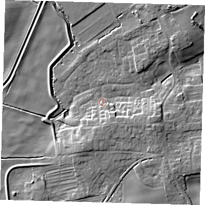 Shaded relief map of the ground around HU129HY, computed from Environment Agency LiDAR. The ground here sits at about 3 m above sea level and falls 10 m across the surrounding 800 m. Surface water reaching this point runs off ground lying to the south, 6.4 m higher.