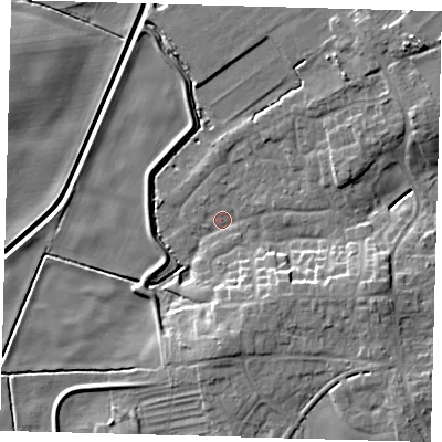 Shaded relief map of the ground around HU129JA, computed from Environment Agency LiDAR. The ground here sits at about 2 m above sea level and falls 9 m across the surrounding 800 m. Surface water reaching this point runs off ground lying to the south, 8.4 m higher.