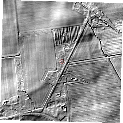 Shaded relief map of the ground around HU129JN, computed from Environment Agency LiDAR. The ground here sits at about 8 m above sea level and falls 8 m across the surrounding 800 m. Surface water reaching this point runs off ground lying to the south, 1.1 m higher.