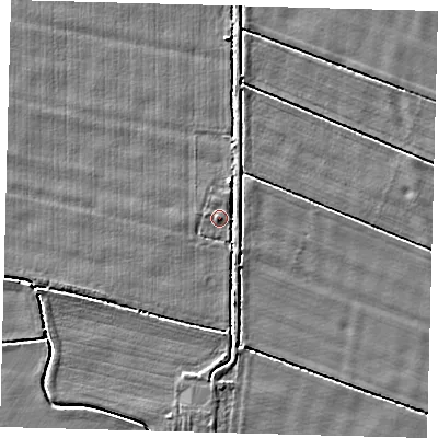 Shaded relief map of the ground around HU129JR, computed from Environment Agency LiDAR. The ground here sits at about 3 m above sea level and falls 3 m across the surrounding 800 m. Surface water reaching this point runs off ground lying to the south, 2.6 m higher.