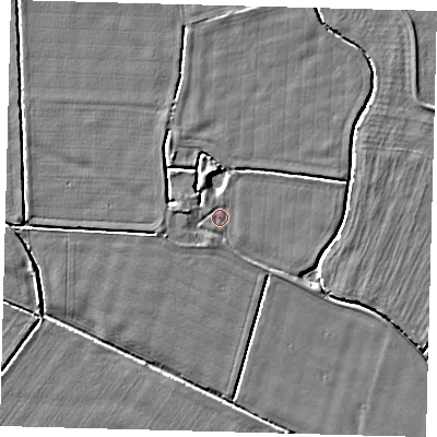 Shaded relief map of the ground around HU129JT, computed from Environment Agency LiDAR. The ground here sits at about 3 m above sea level and falls 3 m across the surrounding 800 m. Surface water reaching this point runs off ground lying to the west, 1.0 m higher.