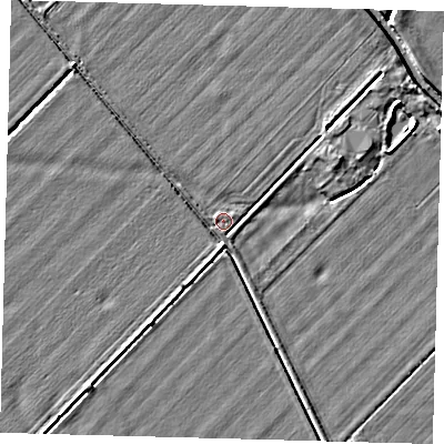 Shaded relief map of the ground around HU129JX, computed from Environment Agency LiDAR. The ground here sits at about 3 m above sea level and falls 3 m across the surrounding 800 m. Surface water reaching this point runs off ground lying to the east-north-east, 2.3 m higher.