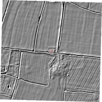 Shaded relief map of the ground around HU129JZ, computed from Environment Agency LiDAR. The ground here sits at about 2 m above sea level and falls 3 m across the surrounding 800 m. Surface water reaching this point runs off ground lying to the east, 0.8 m higher.