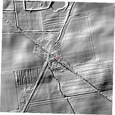 Shaded relief map of the ground around HU129LB, computed from Environment Agency LiDAR. The ground here sits at about 5 m above sea level and falls 9 m across the surrounding 800 m. Surface water reaching this point runs off ground lying to the east-south-east, 6.1 m higher.