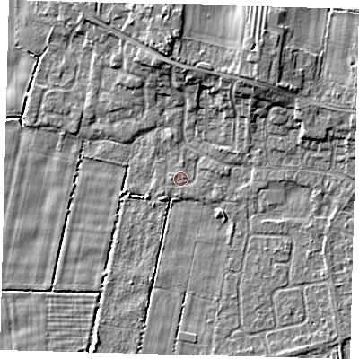 Shaded relief map of the ground around HU129LD, computed from Environment Agency LiDAR. The ground here sits at about 2 m above sea level and falls 7 m across the surrounding 800 m. Surface water reaching this point runs off ground lying to the west, 0.8 m higher.