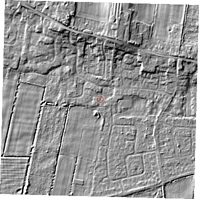 Shaded relief map of the ground around HU129LF, computed from Environment Agency LiDAR. The ground here sits at about 2 m above sea level and falls 7 m across the surrounding 800 m. Surface water reaching this point runs off ground lying to the north-north-west, 5.6 m higher.