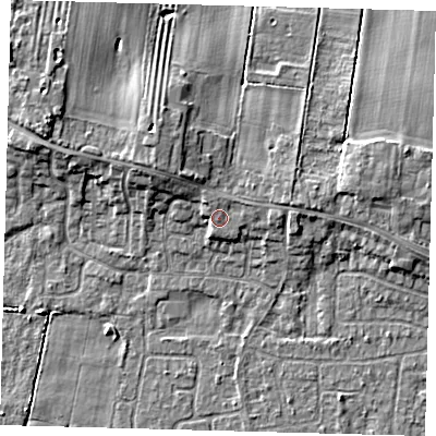 Shaded relief map of the ground around HU129LJ, computed from Environment Agency LiDAR. The ground here sits at about 5 m above sea level and falls 7 m across the surrounding 800 m. Surface water reaching this point runs off ground lying to the north, 0.7 m higher.